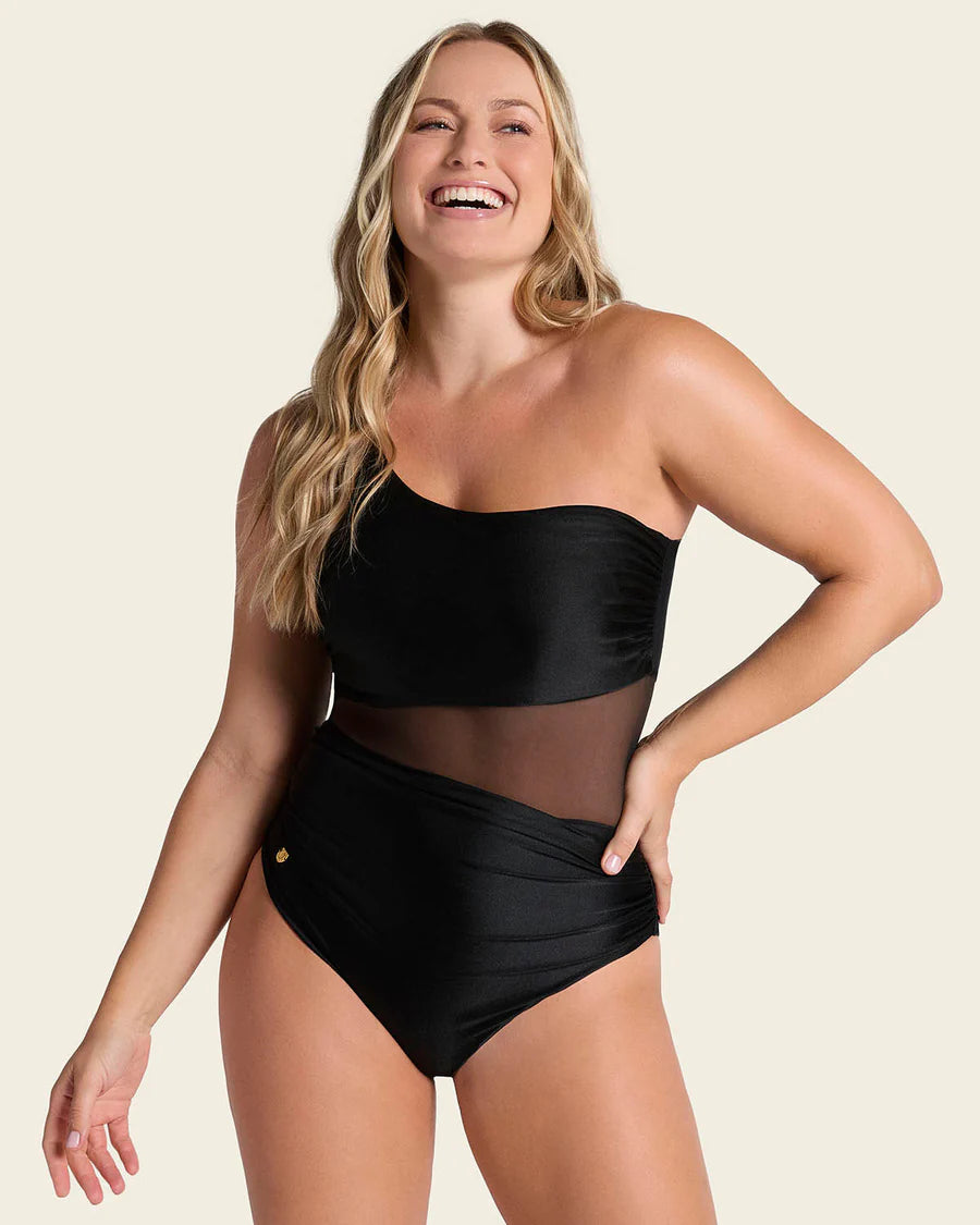 Waist-slimming, higher compression swimsuit