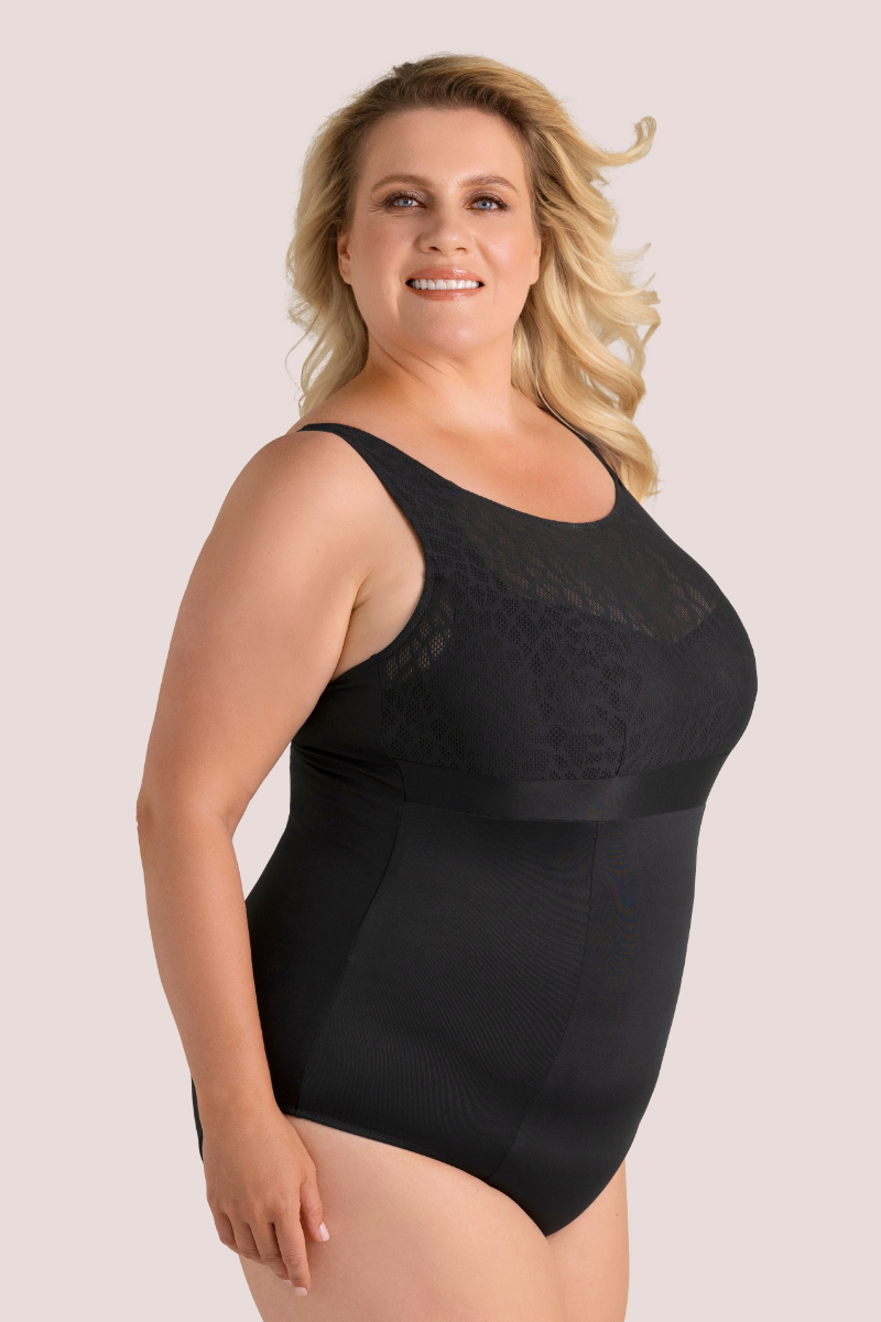 Waist-slimming, higher compression swimsuit